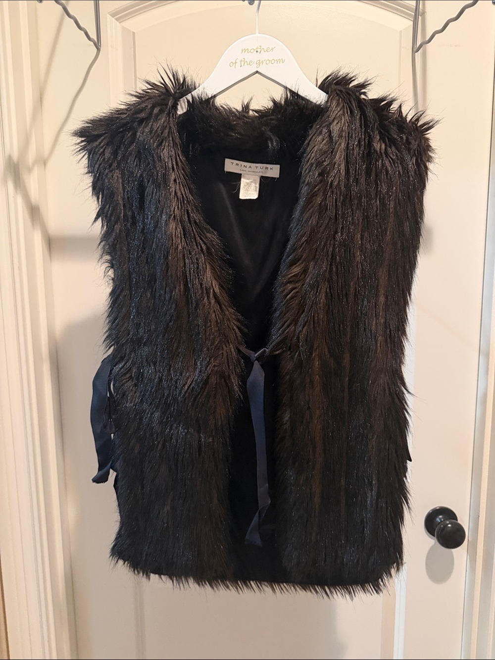 Trina Turk Black Faux Fur Vest with Tie Front